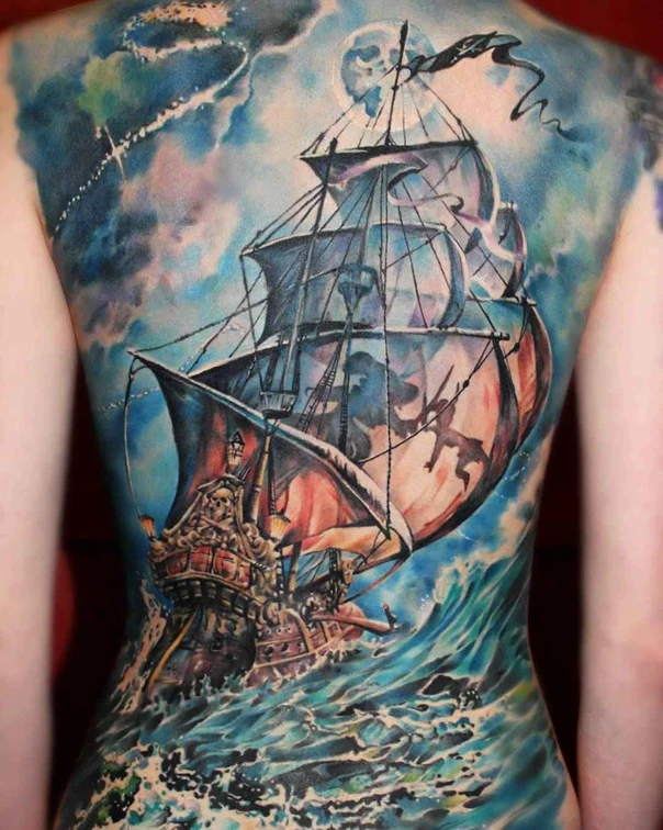 Реализм Ship, Ocean tattoo на Спина (полная)