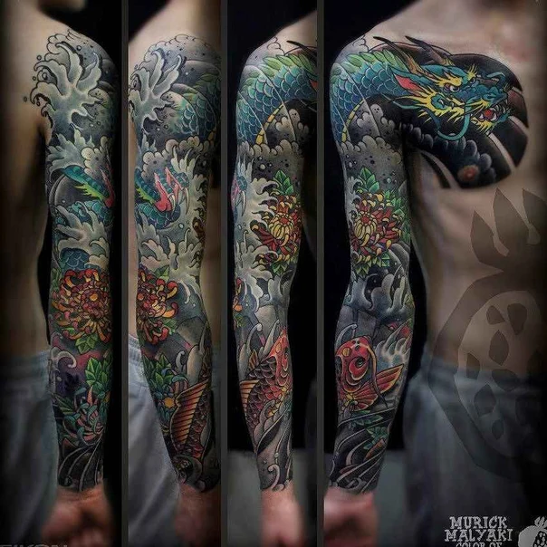 Японская Dragon, Koi fish tattoo на Полный рукав