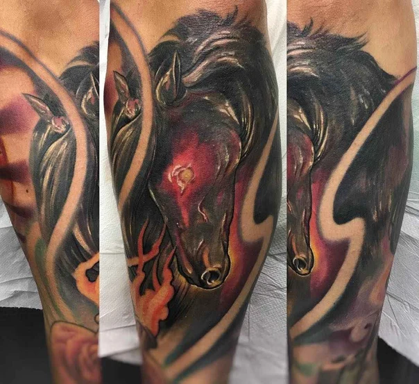 Realism Horse, Fire tattoo on Forearm