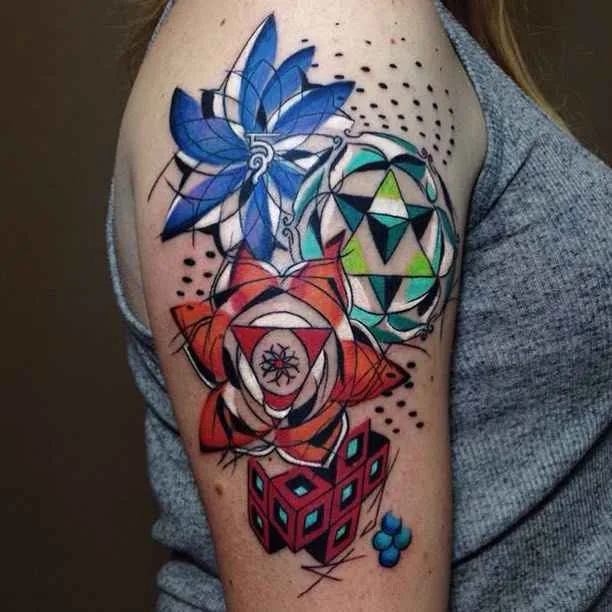 Artista del tatuaggio Sebastian Barone, tatuaggi colorati astratti cubisti, spazio e animali in acquerello | Тату-мастер Sebastian Barone цветные абстрактные татуировки, кубизм, акварель