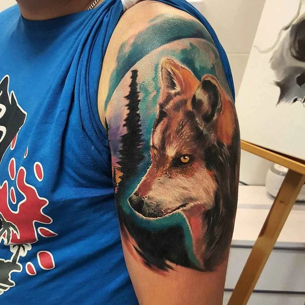 Realism Wolf, Forest tattoo on Upper Arm