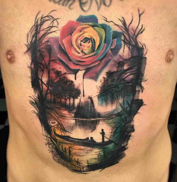 Watercolor Rose, Landscape tattoo on Chest