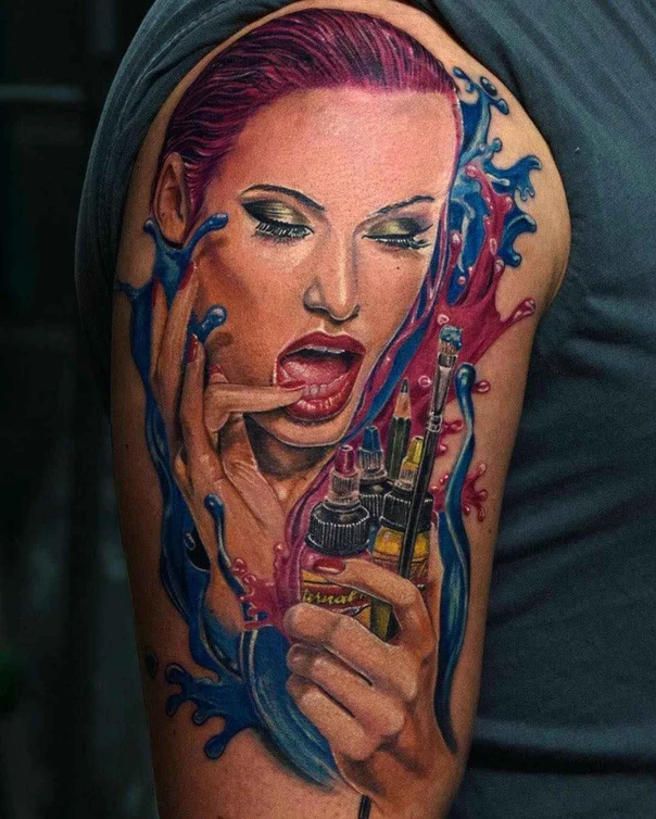 Realism Portrait, Splatter tattoo on Upper Arm
