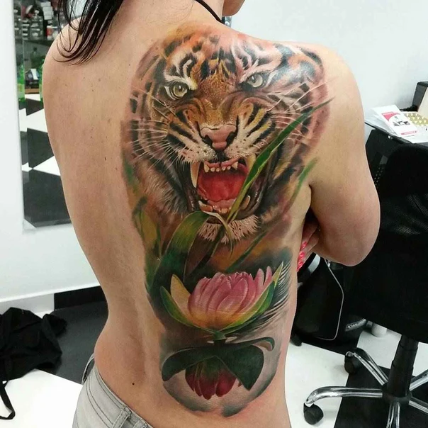 Realism Tiger, Lotus tattoo on Full Back