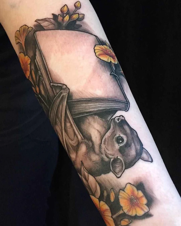 Illustrative Bat, Book tattoo on Forearm