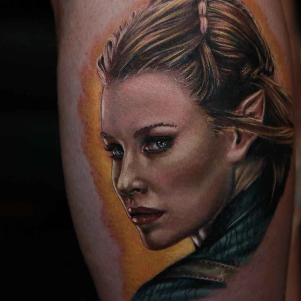 Realism Portrait, Fantasy tattoo on Thigh