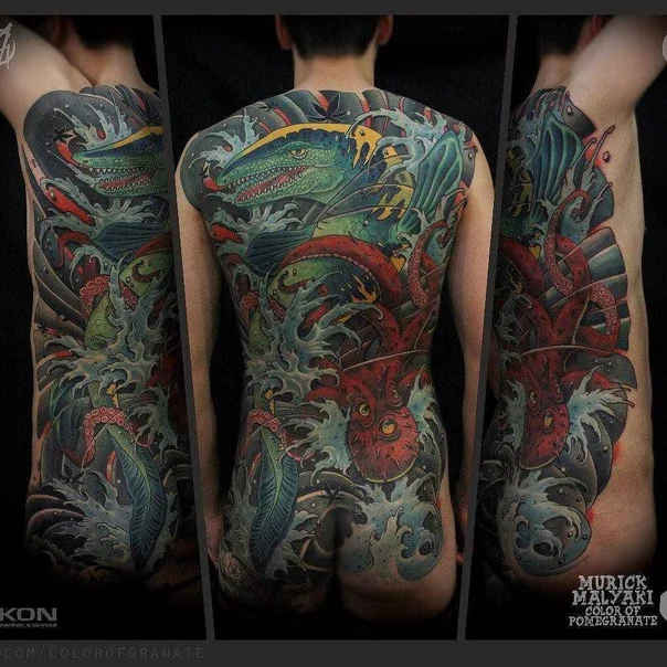 Японская Octopus, Dragon tattoo на Спина (полная)