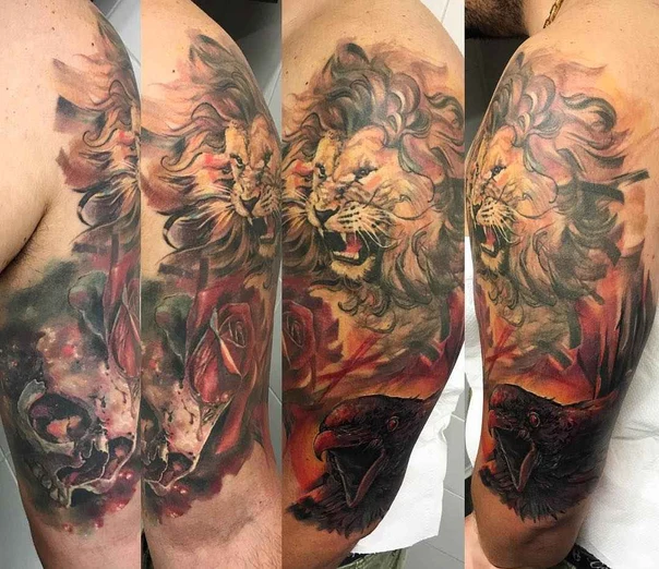 Realism Lion, Skull tattoo on Full Sleeve