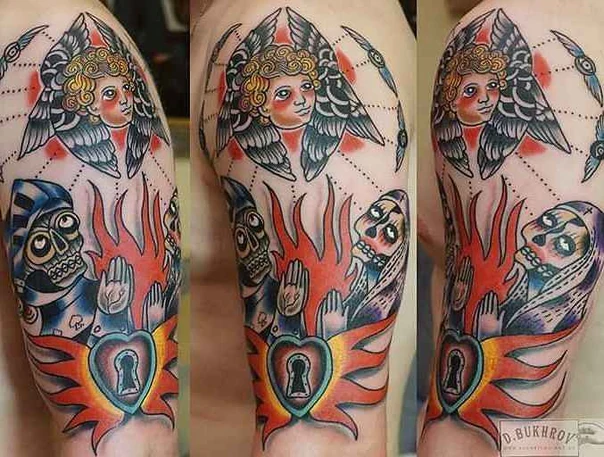 Нео-традиционная Angel, Skull tattoo на Полный рукав