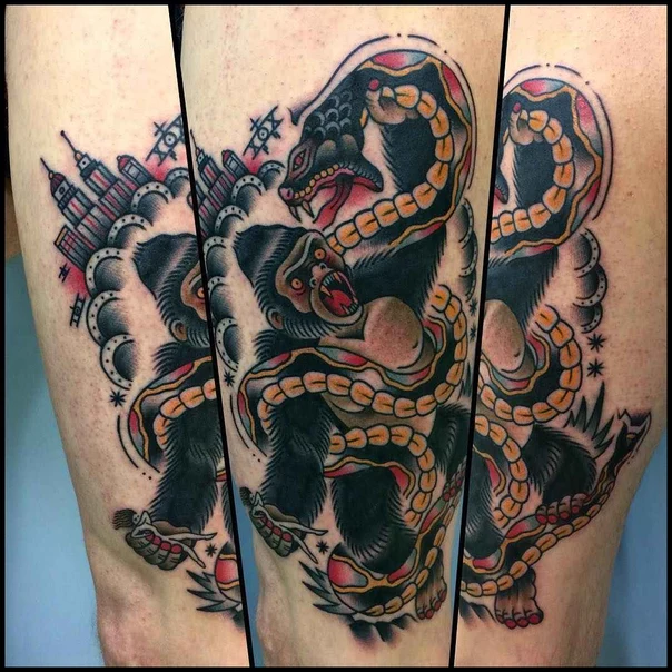 Old School Gorilla, Snake tattoo on Thigh