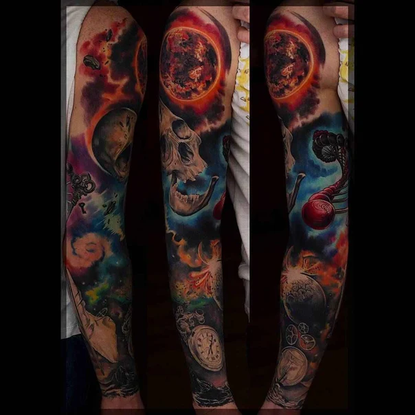 Реализм Skull, Planet tattoo на Полный рукав