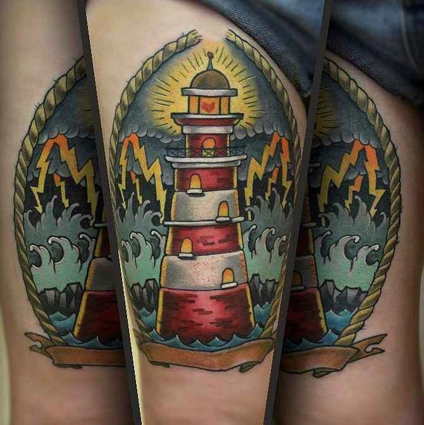Нео-традиционная Lighthouse, Waves tattoo на Бедро