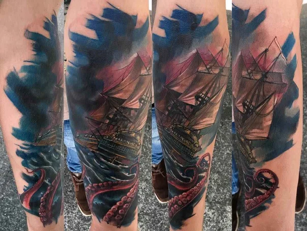 Illustrative Ship, Octopus tattoo on Forearm