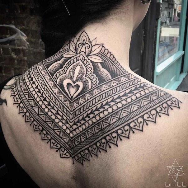 Ornamental Mandala, Heart tattoo on Upper Back