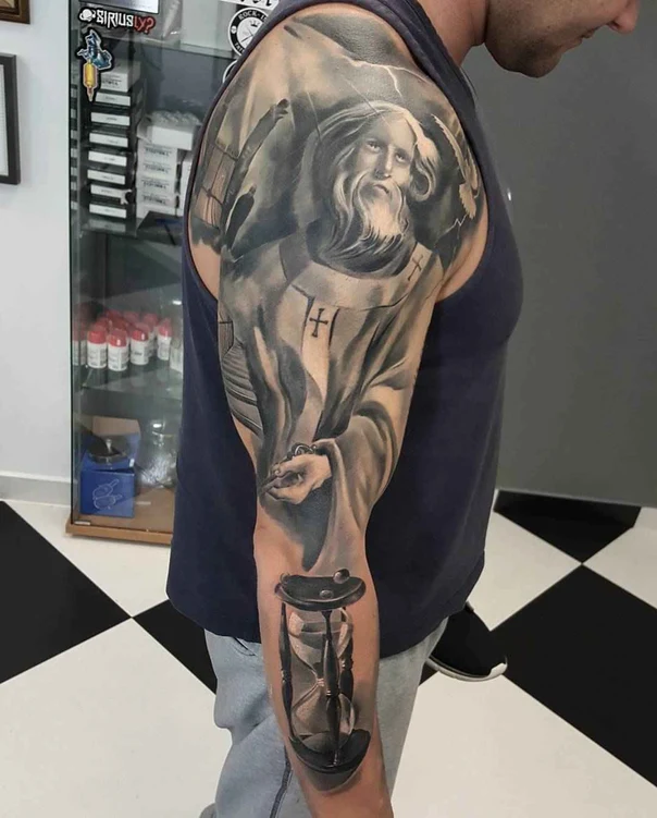 Realism Hourglass, Religious tattoo on Full Sleeve
