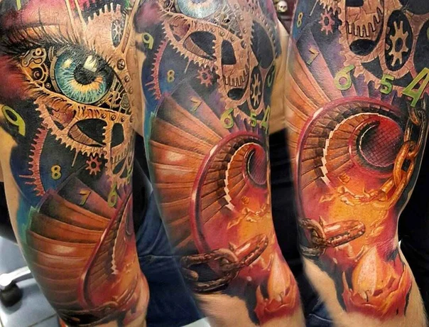 Biomechanical Eye, Gears tattoo on Full Sleeve