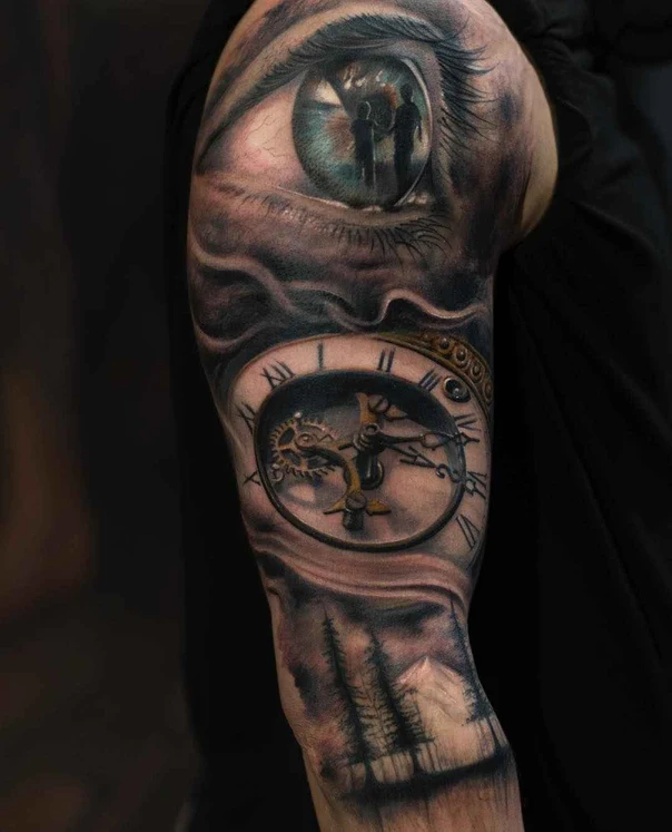Realism Eye, Clock tattoo on Full Sleeve