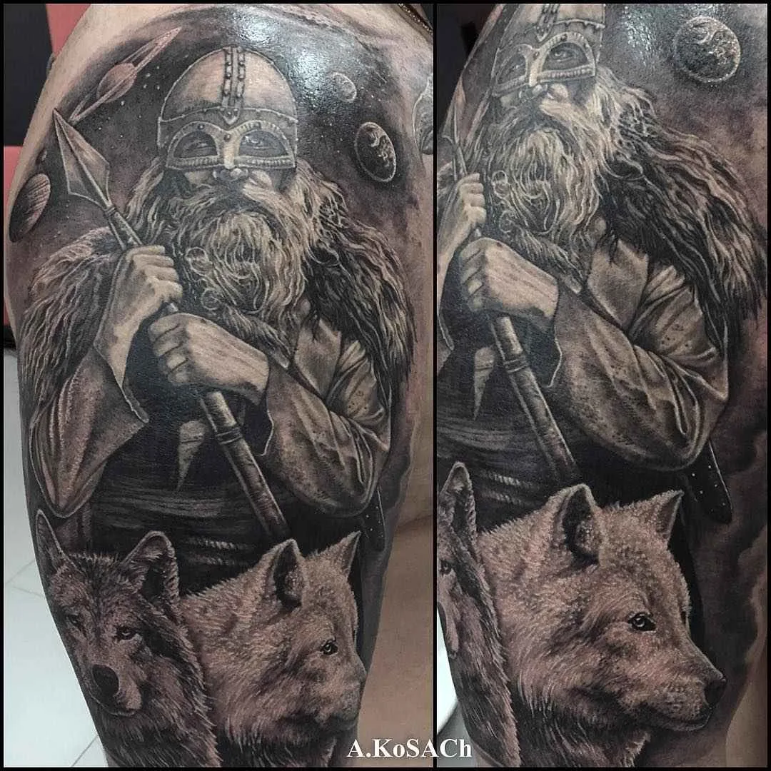 A detailed black and grey tattoo depicting a Viking warrior holding a spear, with wolves at the bottom and a space background.