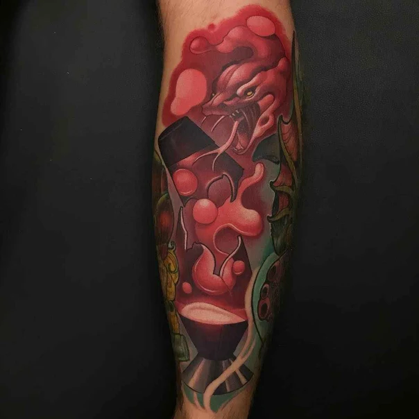 Illustrative Snake, Lava lamp tattoo on Calf