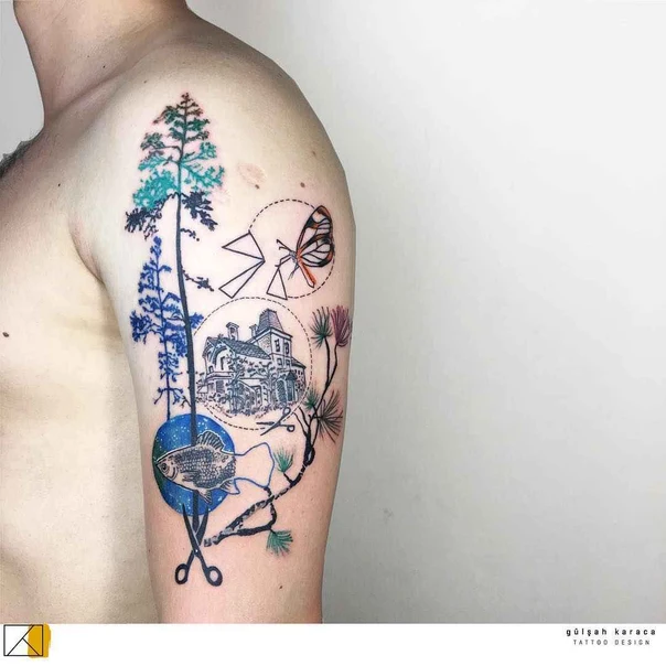 Illustrative Tree, Fish tattoo on Upper Arm