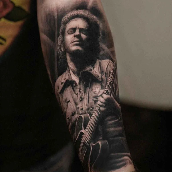 Realism Portrait, Guitar tattoo on Forearm
