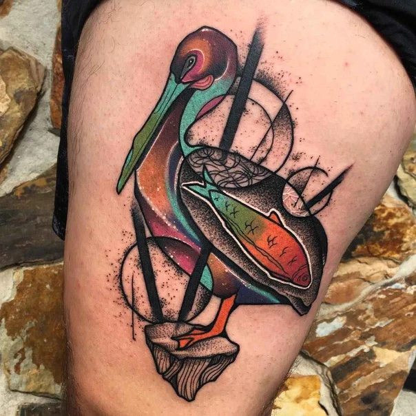 Illustrative Pelican, Fish tattoo on Thigh