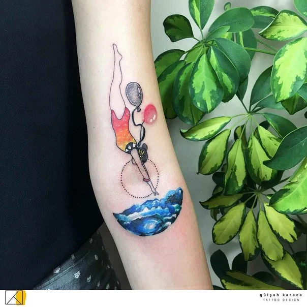 Illustrative Diver, Balloons tattoo on Forearm