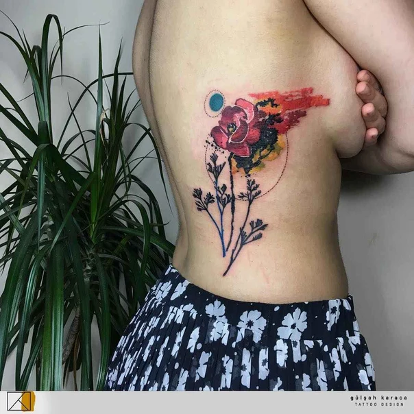 Watercolor Flower, Botanic tattoo on Ribcage