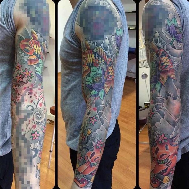 Японская Koi fish, Lotus tattoo на Полный рукав