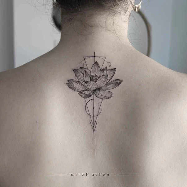 Fineline Lotus, Geometric tattoo on Upper Back