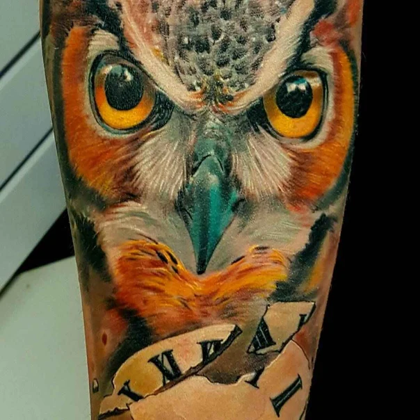 Realism Owl, Clock tattoo on Forearm