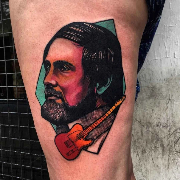 Realism Portrait, Guitar tattoo on Thigh