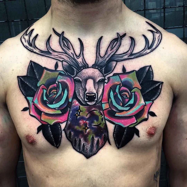 Neo Traditional Deer, Rose tattoo on Chest