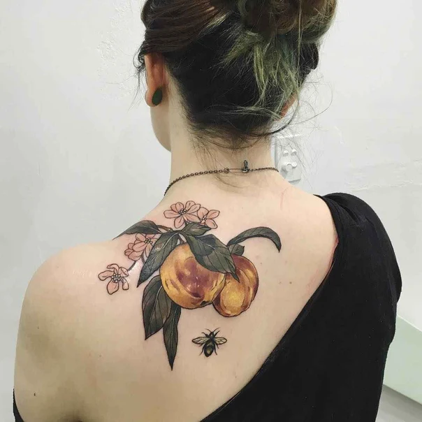 Botanic Fruit, Flowers tattoo on Shoulder Blade