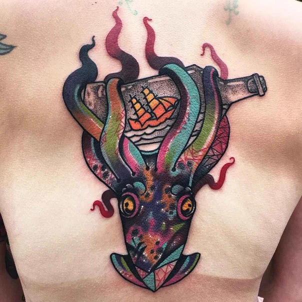 New School Octopus, Ship tattoo on Upper Back