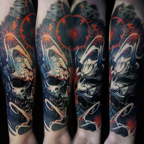 Иллюстративная Skull, Demon tattoo на Полный рукав