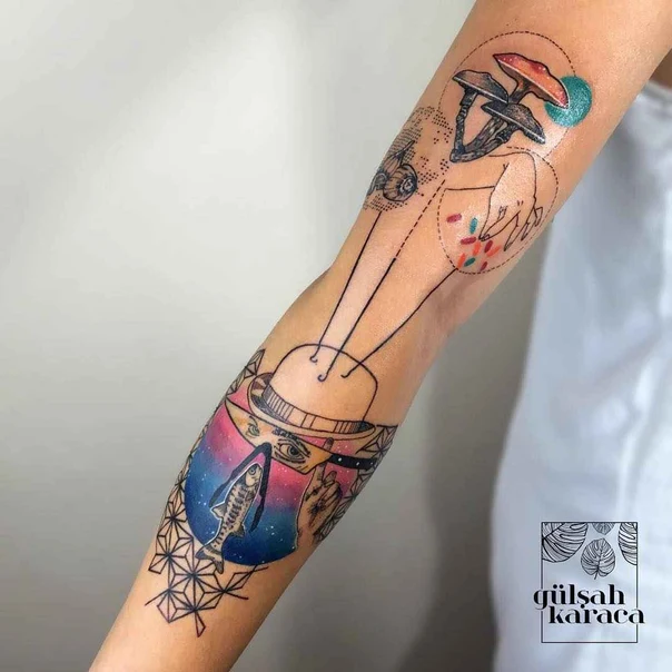 Illustrative Mushrooms, Fish tattoo on Forearm