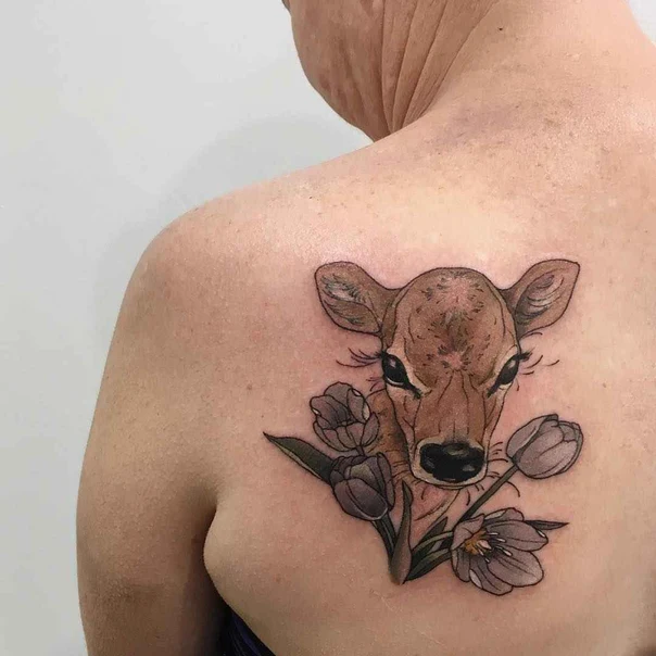 Illustrative Deer, Flowers tattoo on Shoulder Blade