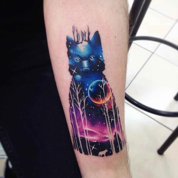 Illustrative Wolf, Galaxy tattoo on Forearm