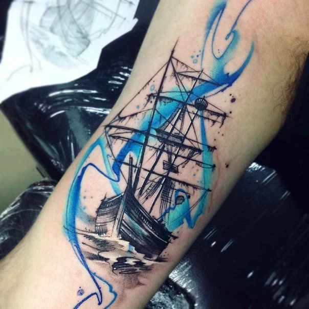Watercolor Ship tattoo on Forearm