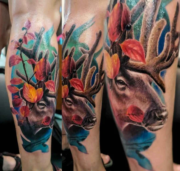 Реализм Deer, Leaves tattoo на Предплечье