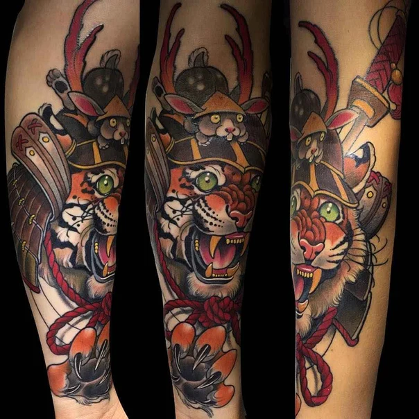 Japanese Tiger, Rabbit tattoo on Forearm