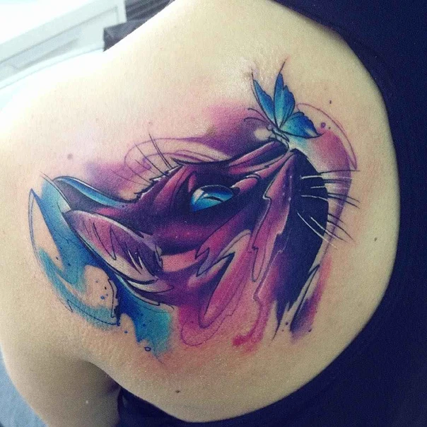 Watercolor Cat, Butterfly tattoo on Shoulder