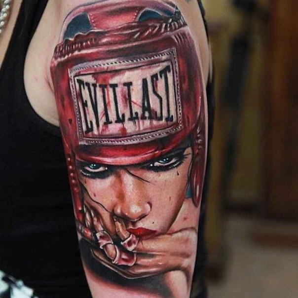 Realism Portrait, Boxing tattoo on Upper Arm