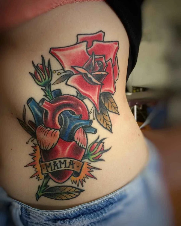 Традиционная Heart, Rose tattoo на Side