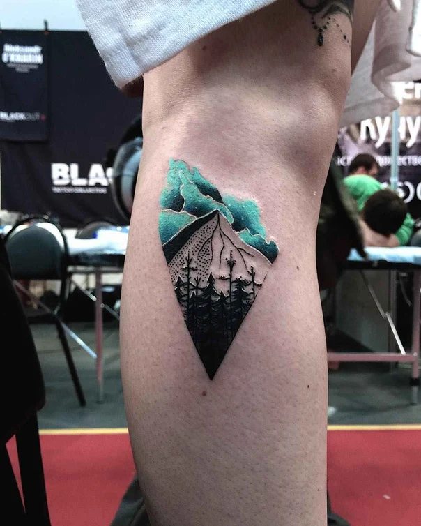 Illustrative Mountain, Trees tattoo on Thigh
