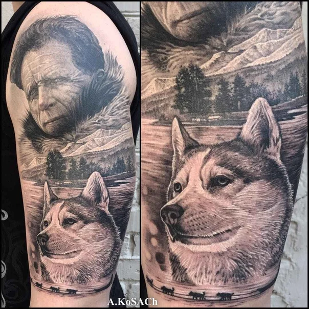 Реализм Dog, Portrait tattoo на Полный рукав