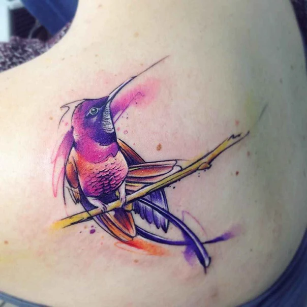 Watercolor Hummingbird tattoo on Shoulder Blade
