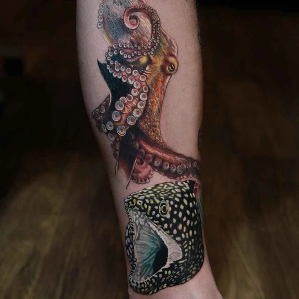 Realism Octopus, Fish tattoo on Calf