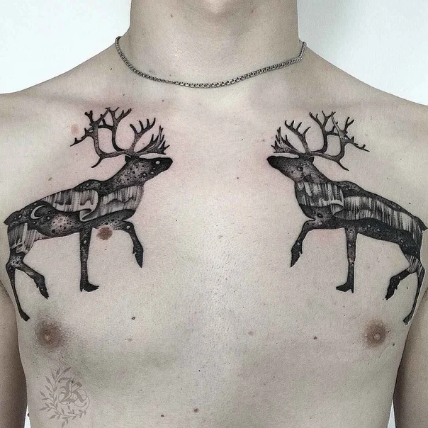 Иллюстративная Deer, Landscape tattoo на Грудь